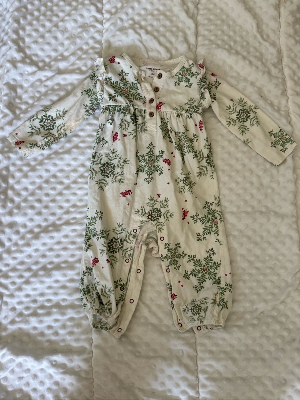 Burt's Bees Baby Cream Romper with Green & Red Botanical Print